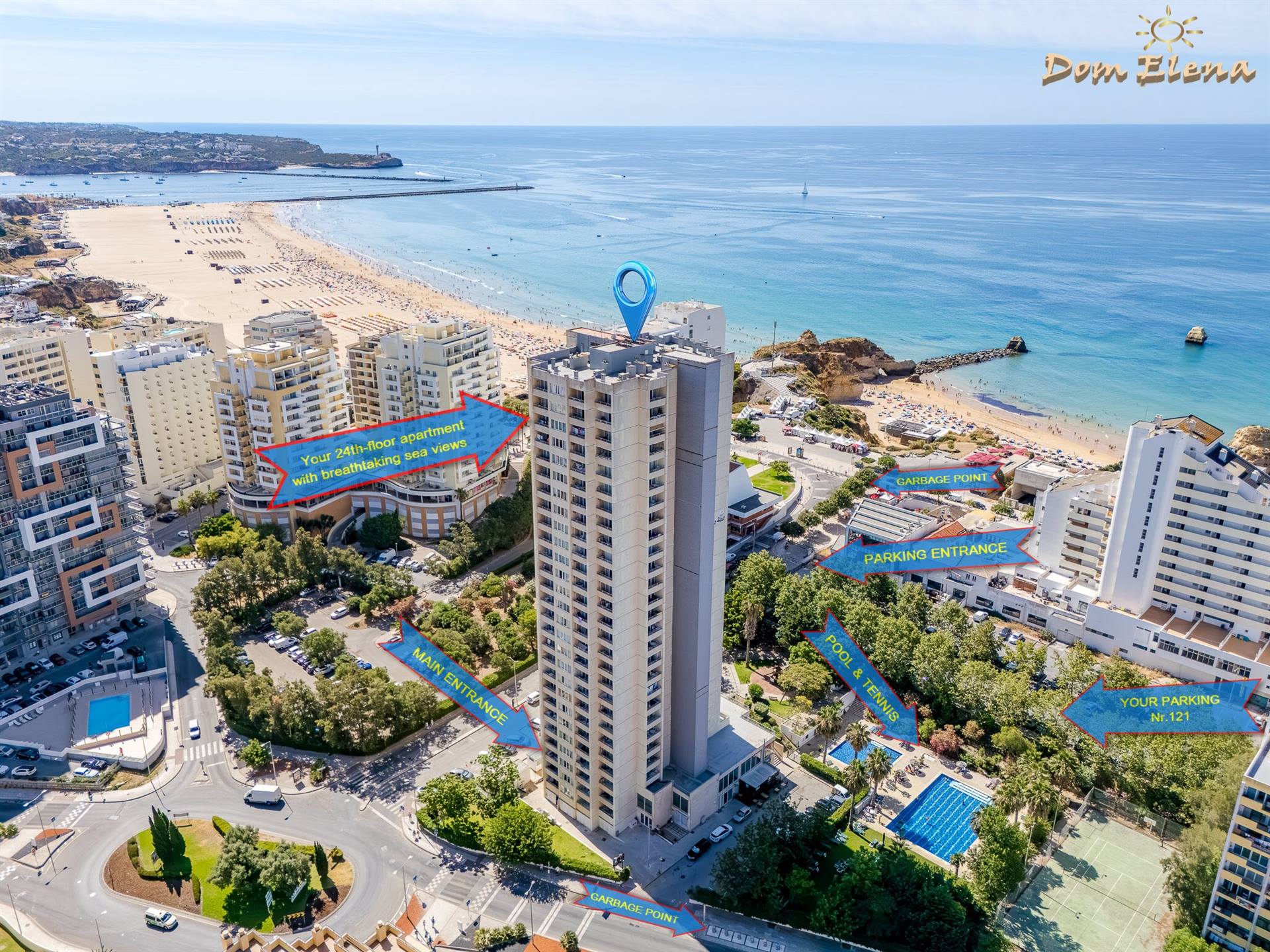 Vista aerea con ingresso principale, parcheggio, piscina e appartamento evidenziati